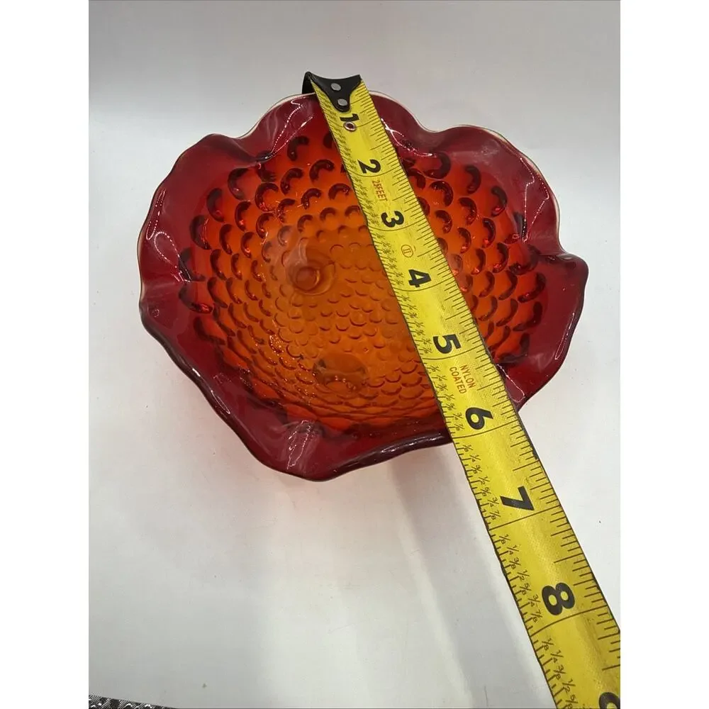 Vtg Fenton Amberina Red Orange Art Glass Hobnail Ruffled Bowl Candy Dish Glows *